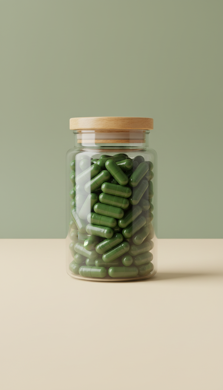 Herbal Capsules in Glass Jar