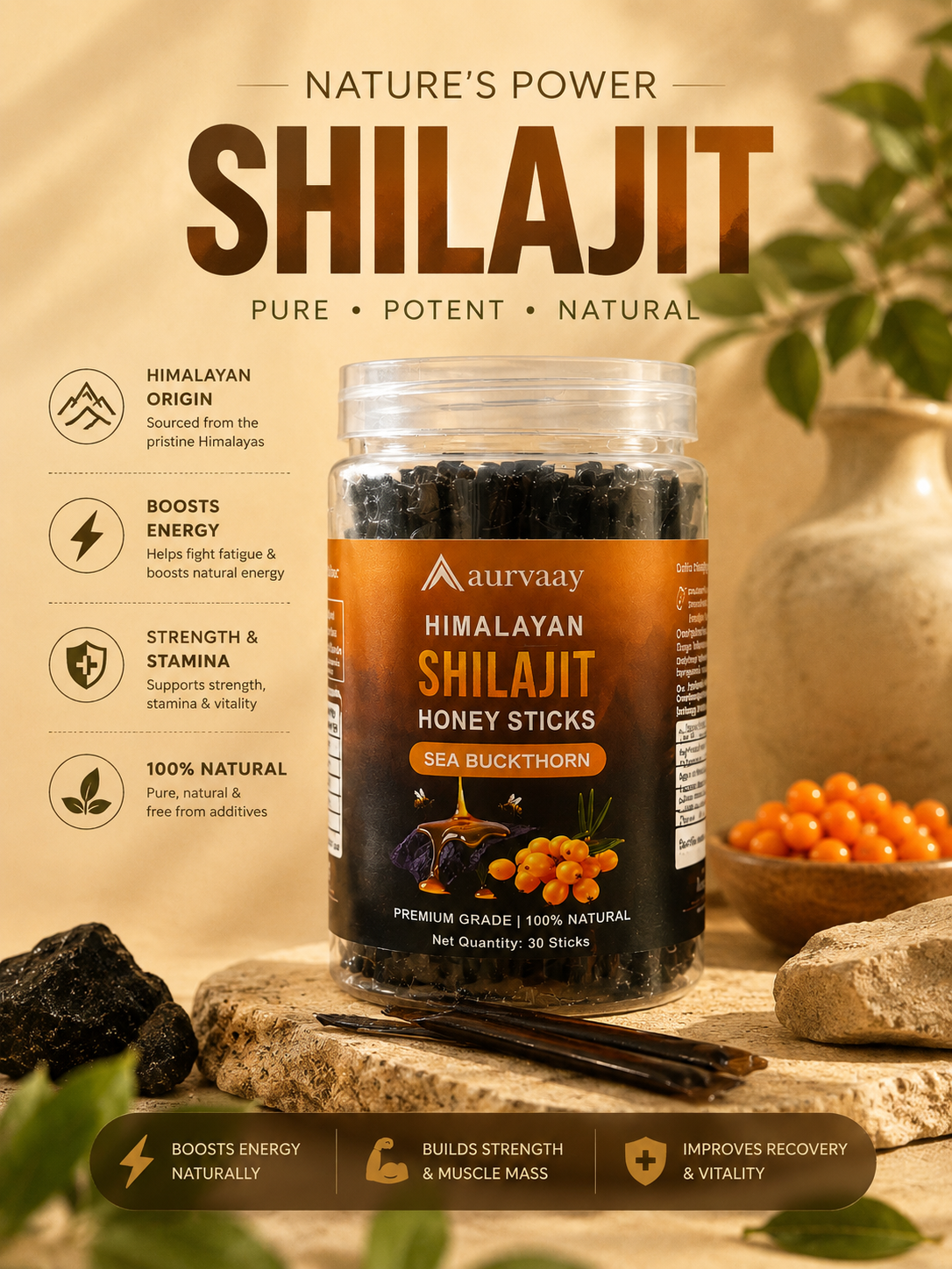 Aurvaay Shilajit Honey Sticks - Sea Buckthorn
